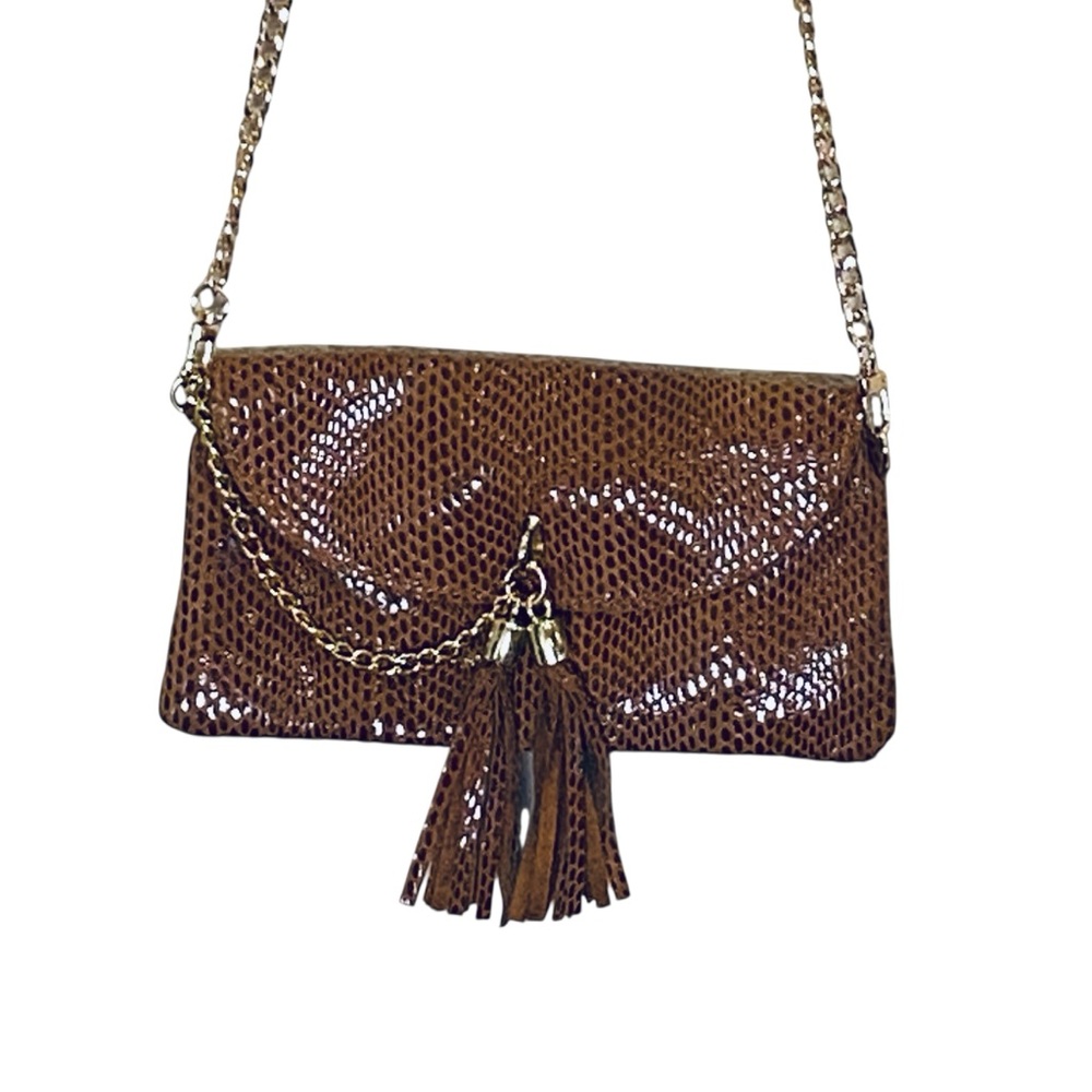 Brown Leather Snakeskin Embossed Purse with Tassels and Gold Chain - Picture 2 of 11